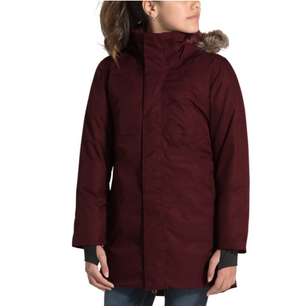 The North Face Red Puffer Jacket with Faux Fur Hood
